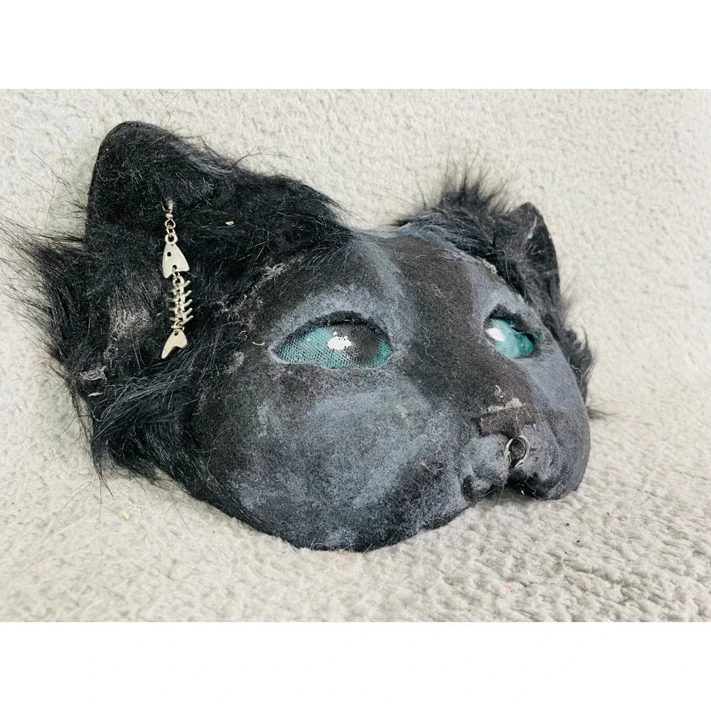 Black Cat Mask Furry Costume Accessory Fishbone Earring Cosplay Therian Animal